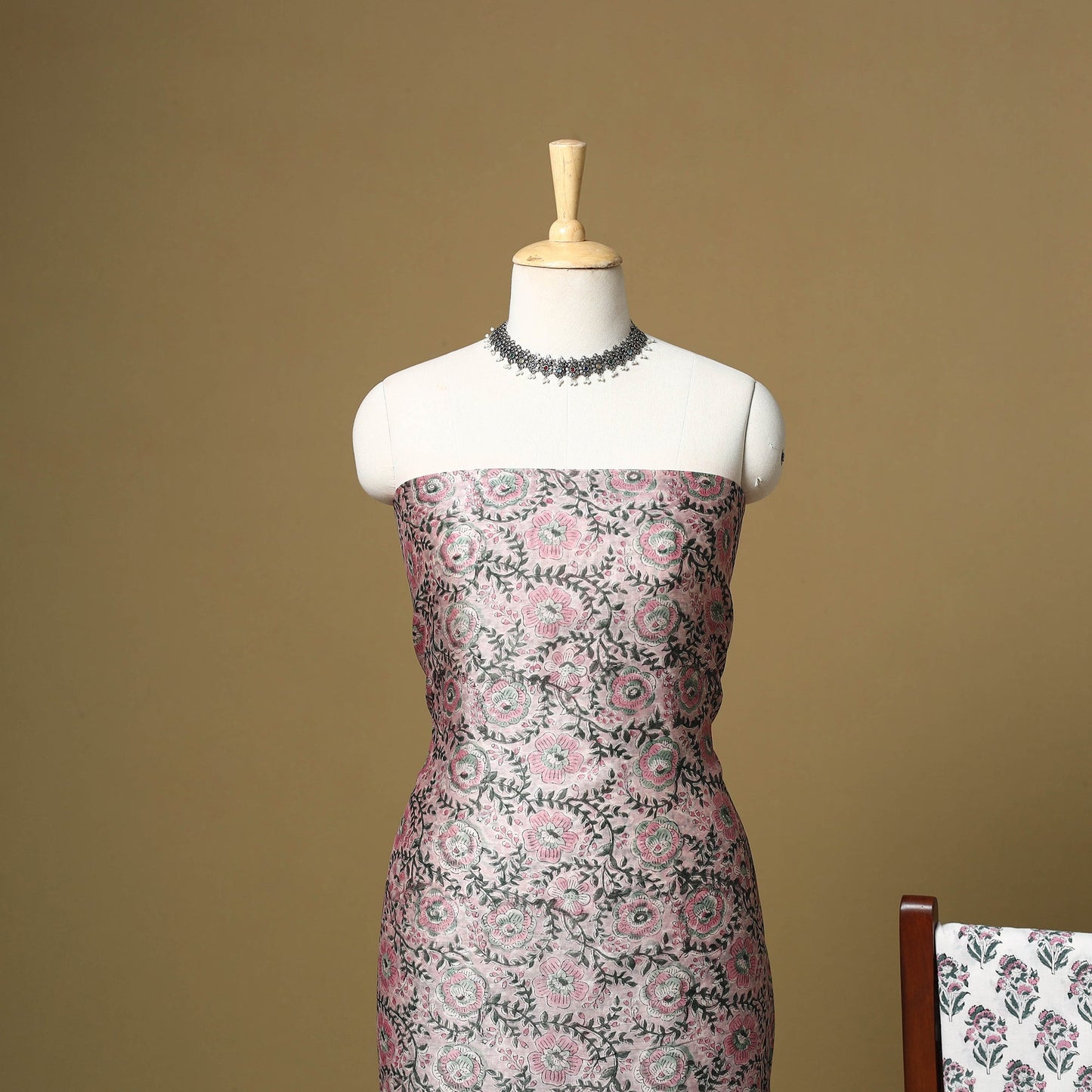 Pink - maheshwari silk sanganeri hand 3pc unstitched dress