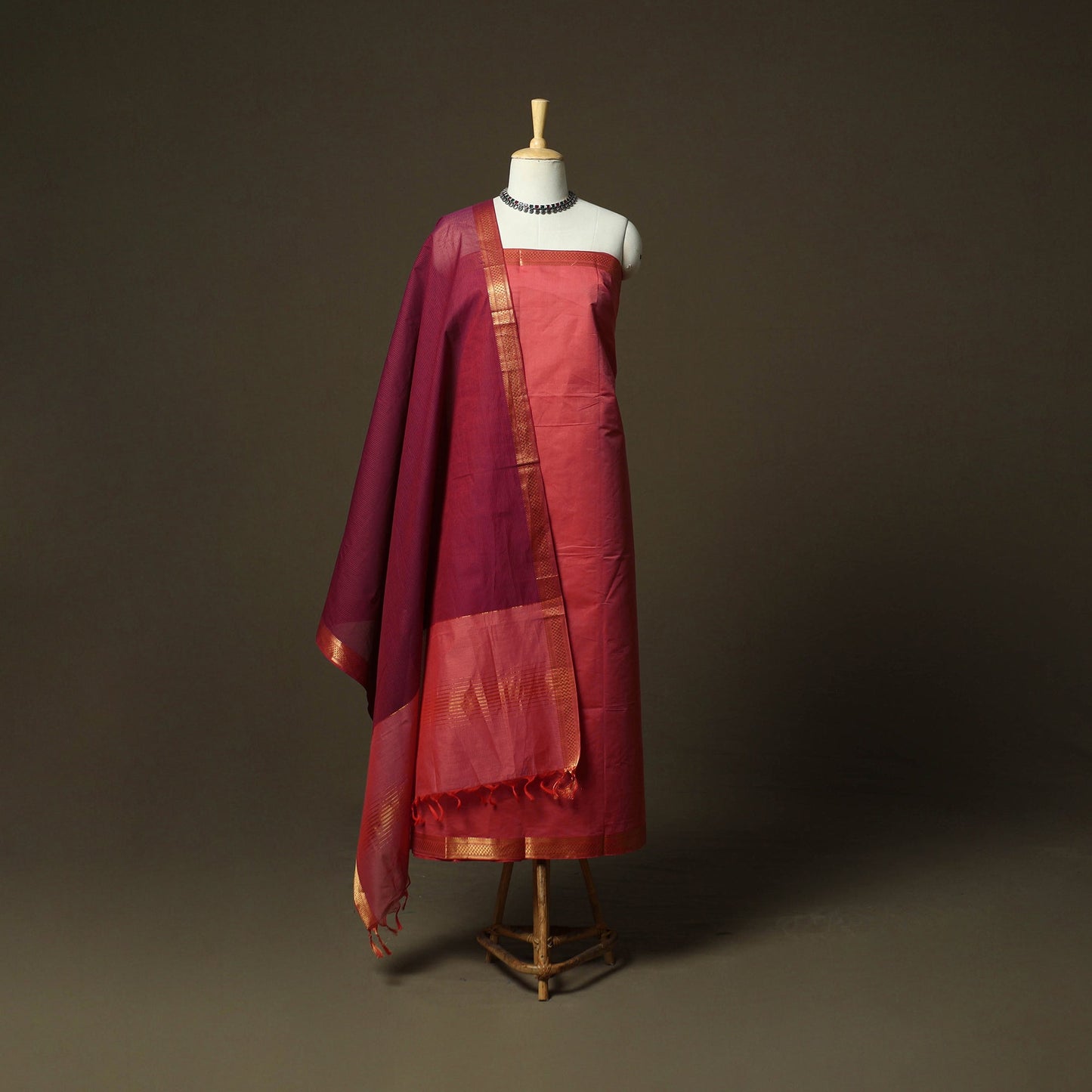 Mangalagiri cotton 3pc unstitched dress material with zari