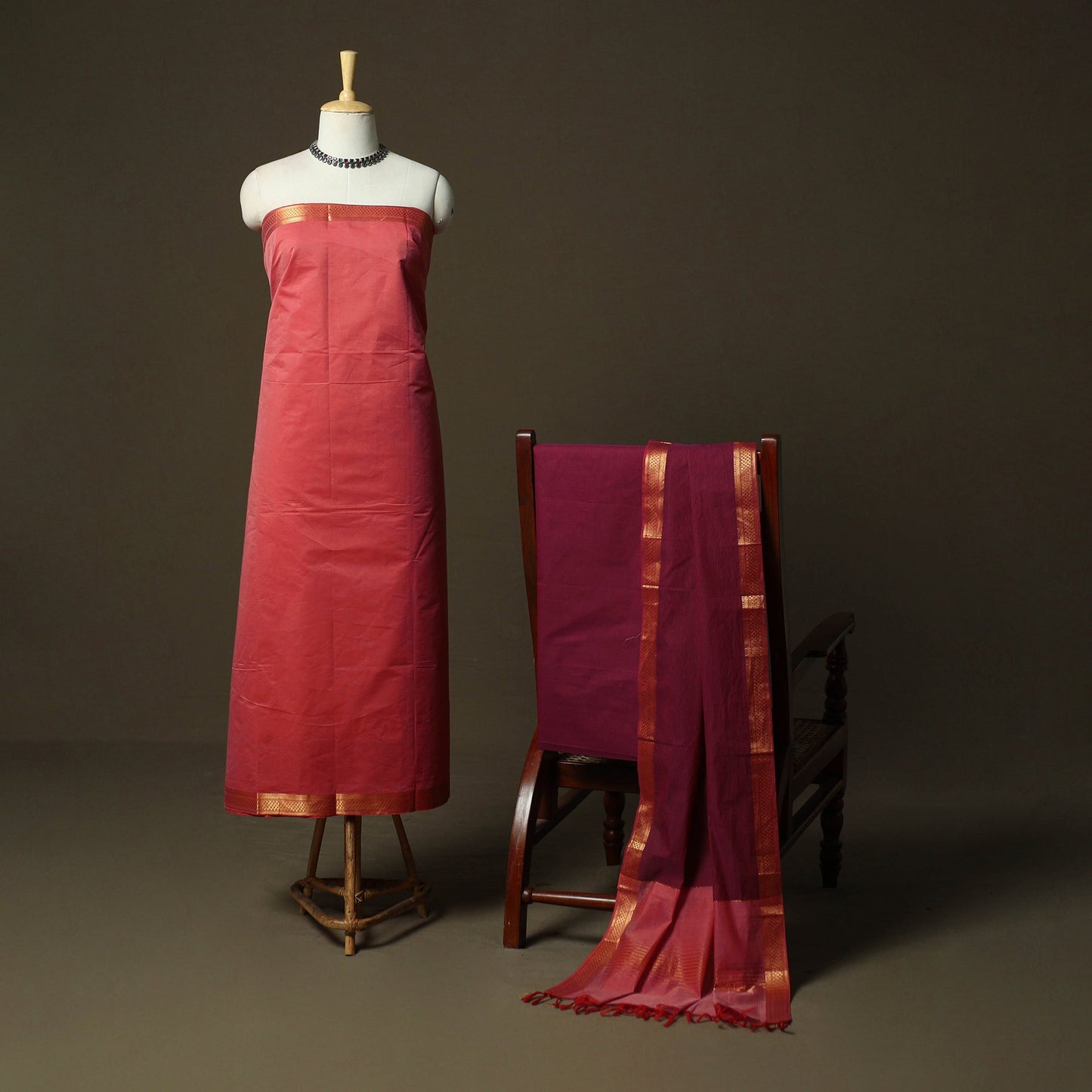 Mangalagiri cotton 3pc unstitched dress material with zari