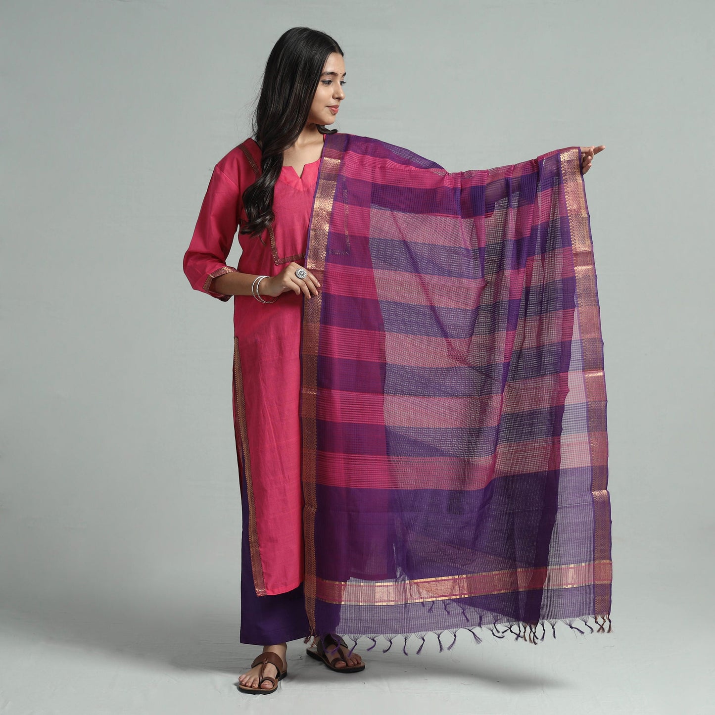  Mangalagiri Handloom Cotton Kurta with Palazzo & Dupatta Set 