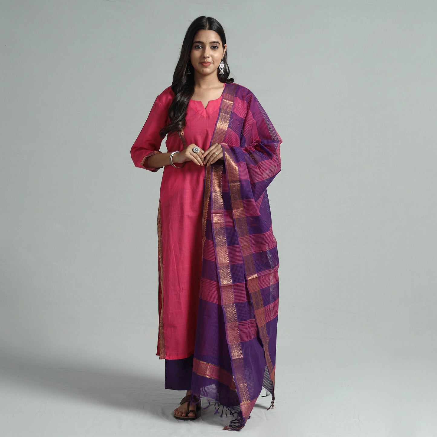  Mangalagiri Handloom Cotton Kurta with Palazzo & Dupatta Set 