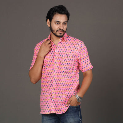 Buy Men Sanganeri Block Printed Cotton Half Sleeve Shirt Online at iTokri.com
