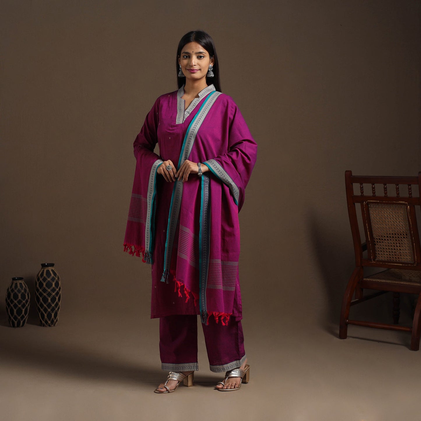 Pink Mercerised Cotton Jacquard Kurta Set (Set of 3)