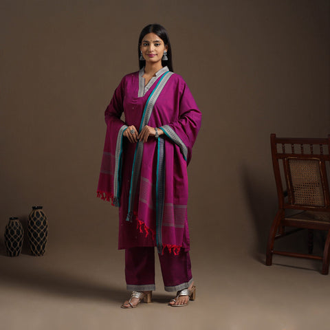 Pink Mercerised Cotton Jacquard Kurta Set (Set of 3)