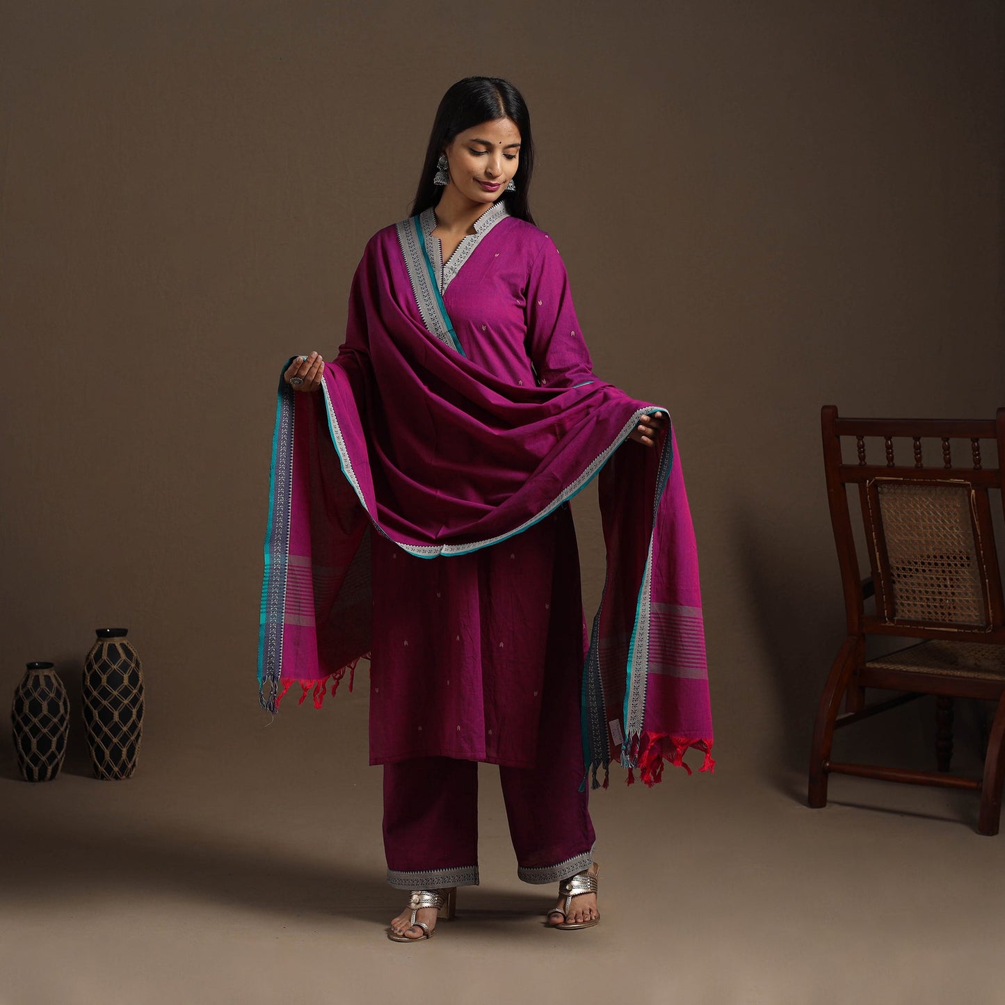 Pink Mercerised Cotton Jacquard Kurta Set (Set of 3)