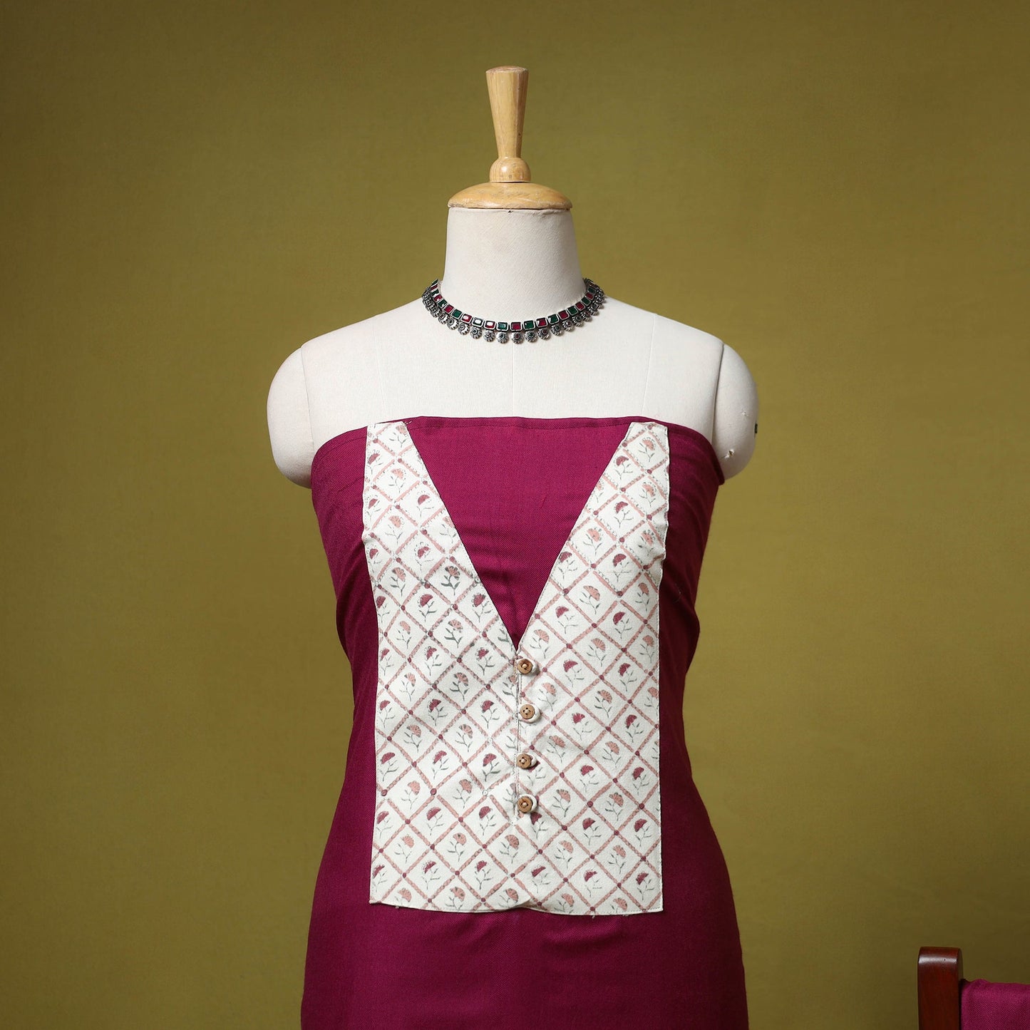 Merino wool plain 3pc unstitched dress material with patch