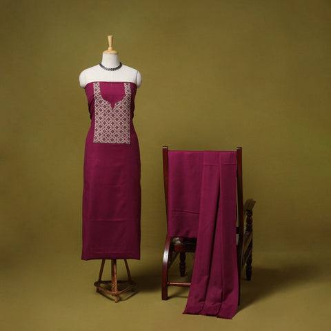 Merino wool plain 3pc unstitched dress material with patch