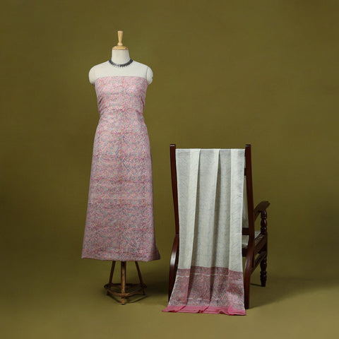 Pink - merino wool sanganeri 3pc unstitched dress material