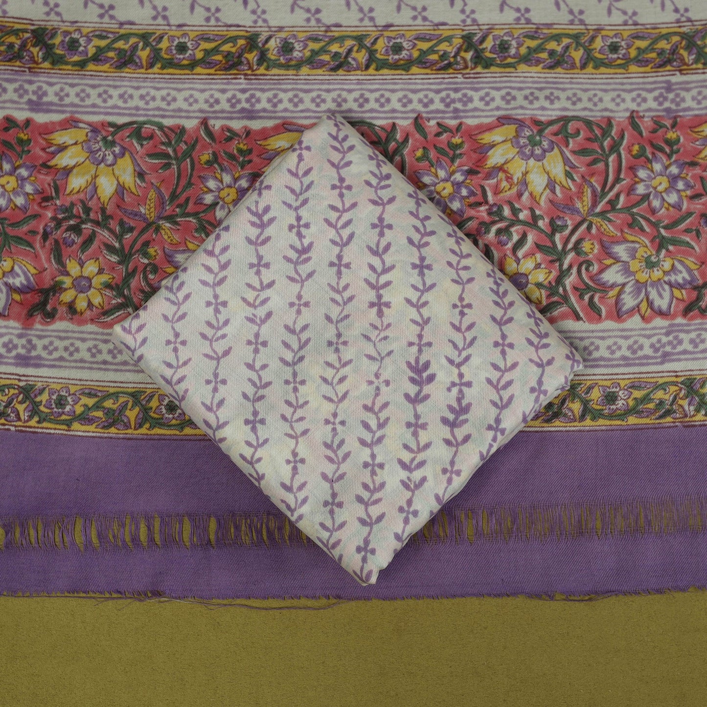 Pink - merino wool sanganeri 3pc unstitched dress material