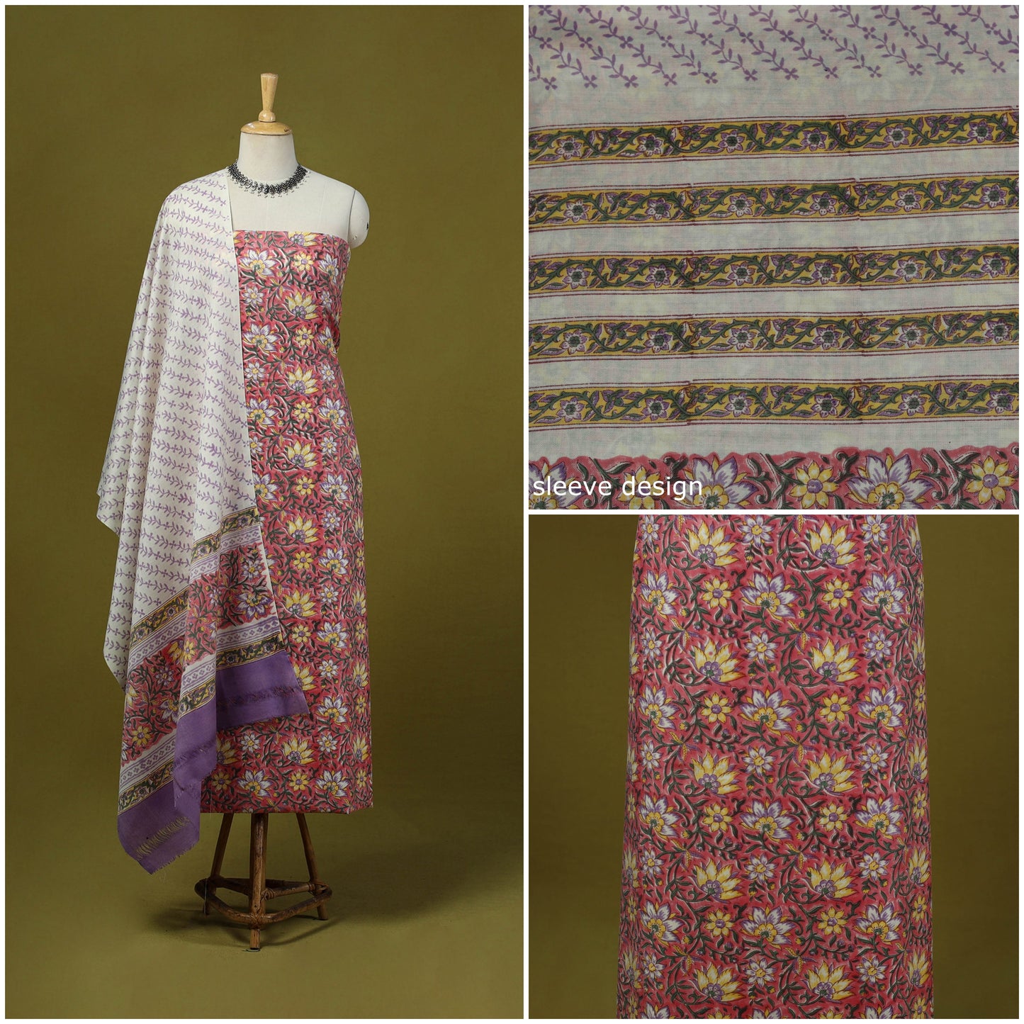 Pink - merino wool sanganeri 3pc unstitched dress material