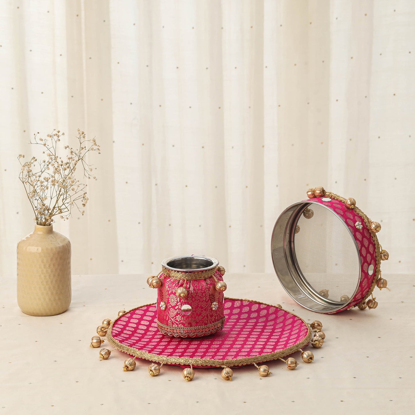 Pink mirror beads karwa chauth thali set 04 - handcrafted