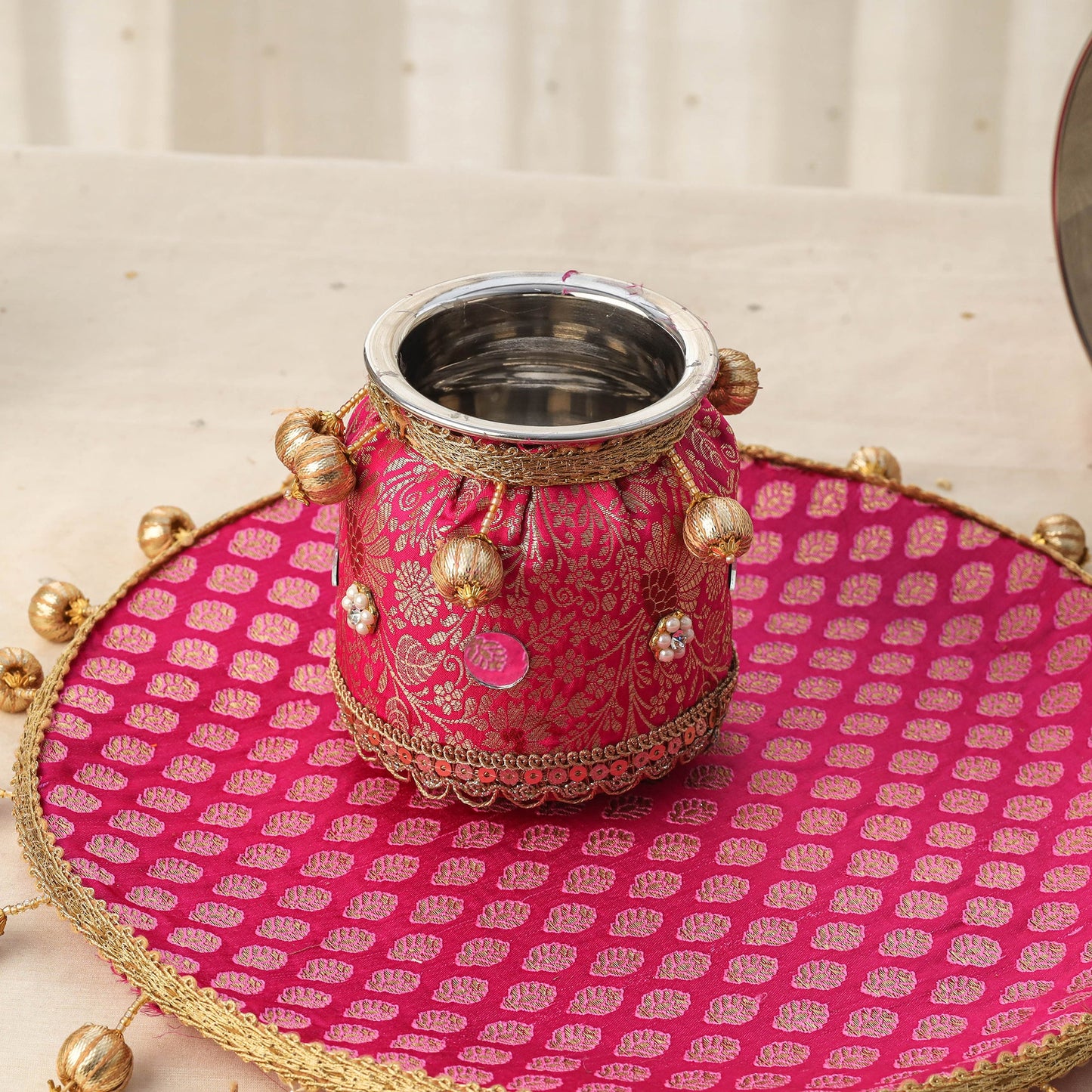 Pink mirror beads karwa chauth thali set 04 - handcrafted