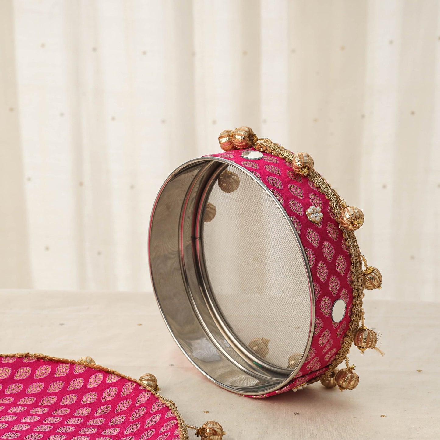 Pink mirror beads karwa chauth thali set 04 - handcrafted