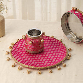 Pink mirror beads karwa chauth thali set 04 - handcrafted