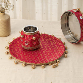 Pink mirror beads karwa chauth thali set 09 - handcrafted