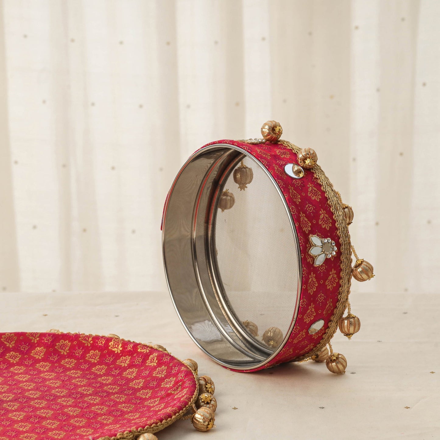Pink mirror beads karwa chauth thali set 09 - handcrafted