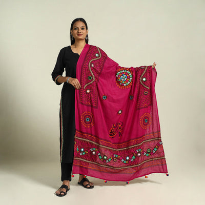 Buy Pink Mirror Work Printed Cotton Kutch Embroidery Dupatta