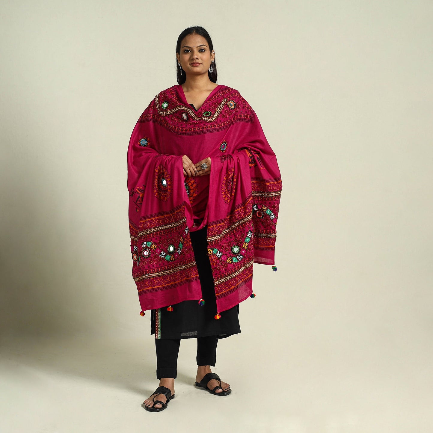 Buy Pink Mirror Work Printed Cotton Kutch Embroidery Dupatta