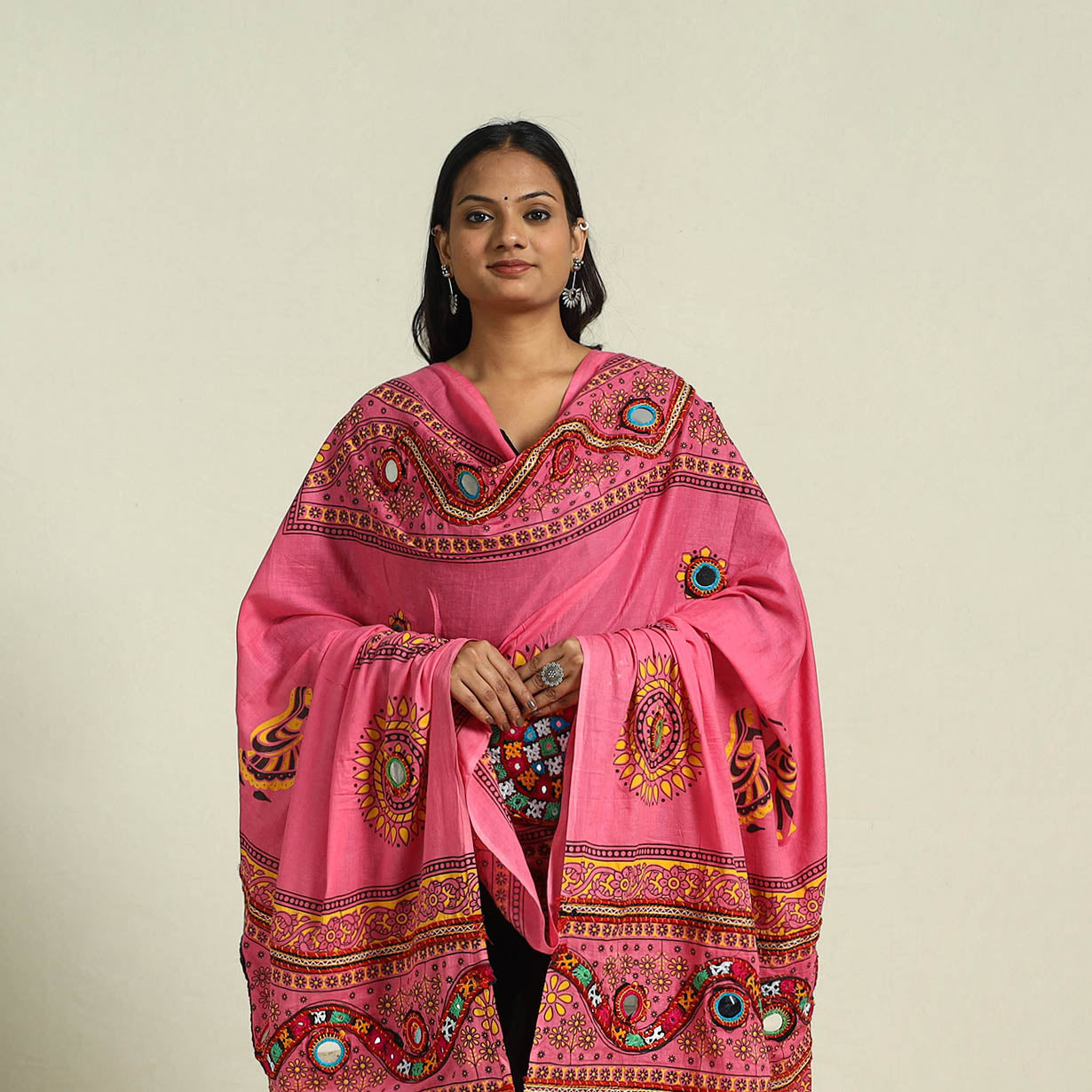 Buy Pink Mirror Work Printed Cotton Kutch Embroidery Dupatta