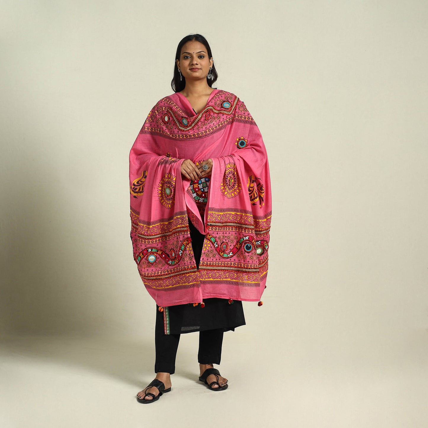Buy Pink Mirror Work Printed Cotton Kutch Embroidery Dupatta
