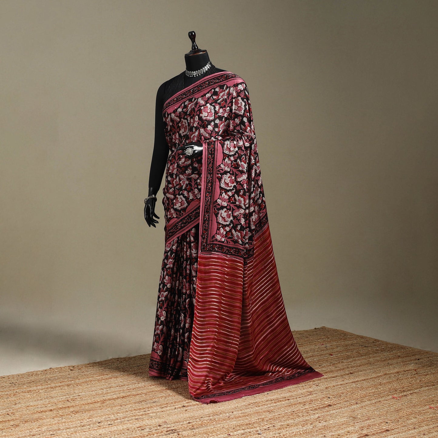 Pink - modal silk bagru saree 30 - handcrafted