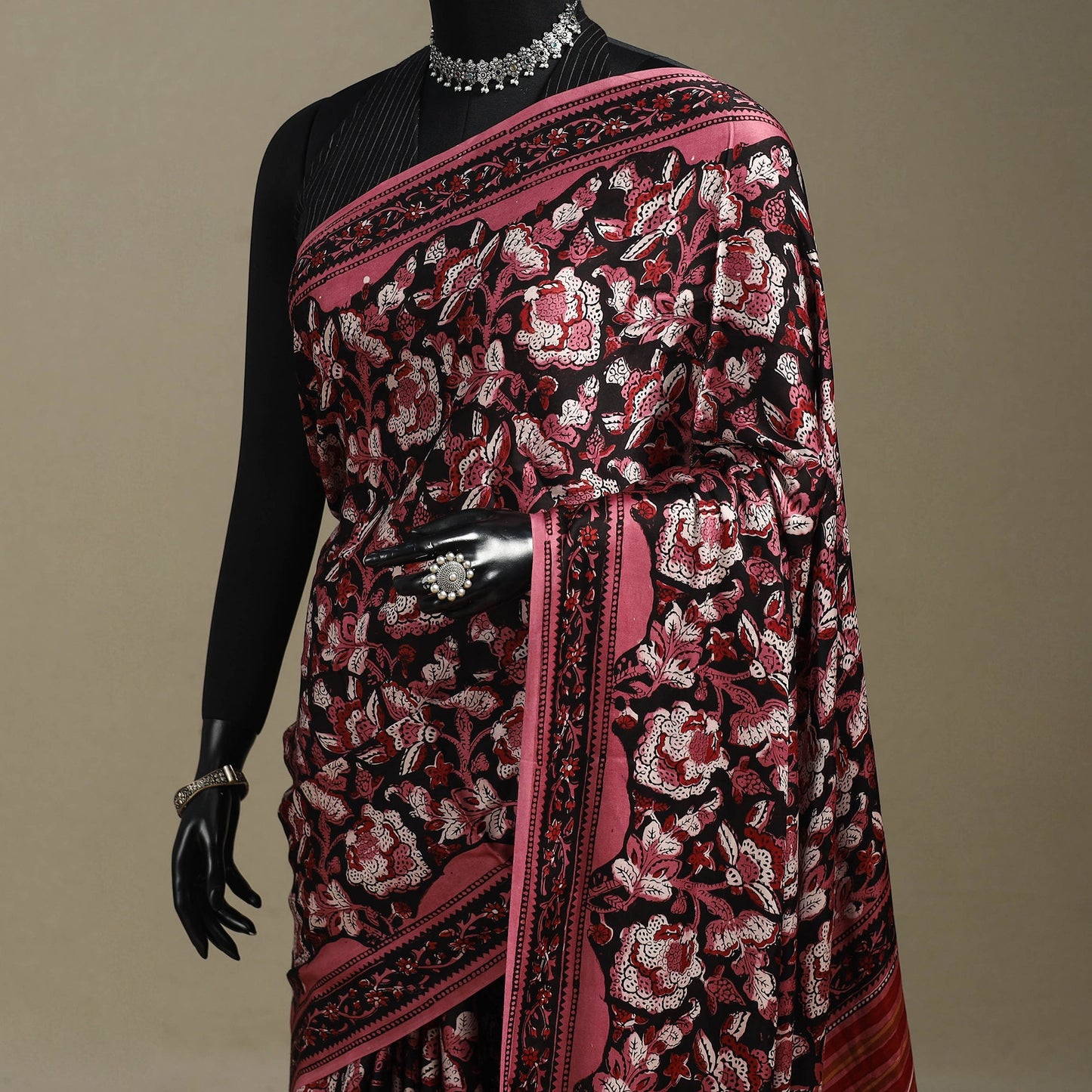 Pink - modal silk bagru saree 30 - handcrafted