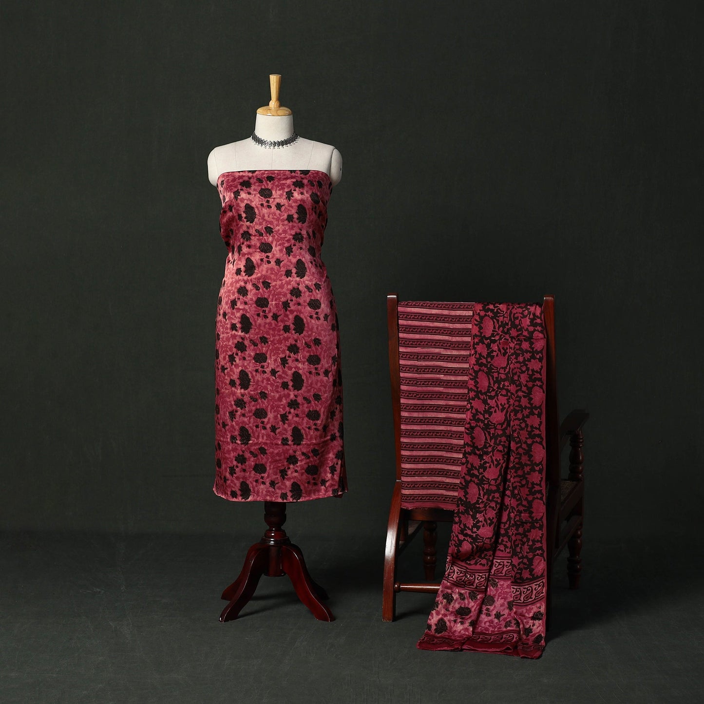 Modal silk hand block bagru print 3pc unstitched dress