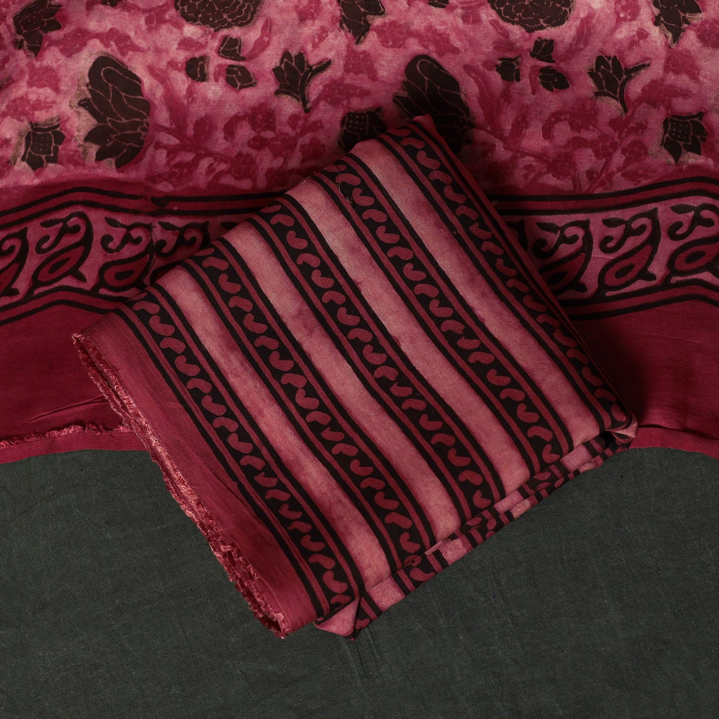 Modal silk hand block bagru print 3pc unstitched dress