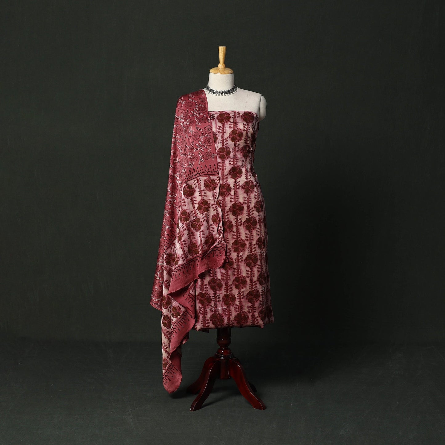 Modal silk hand block bagru print 3pc unstitched dress