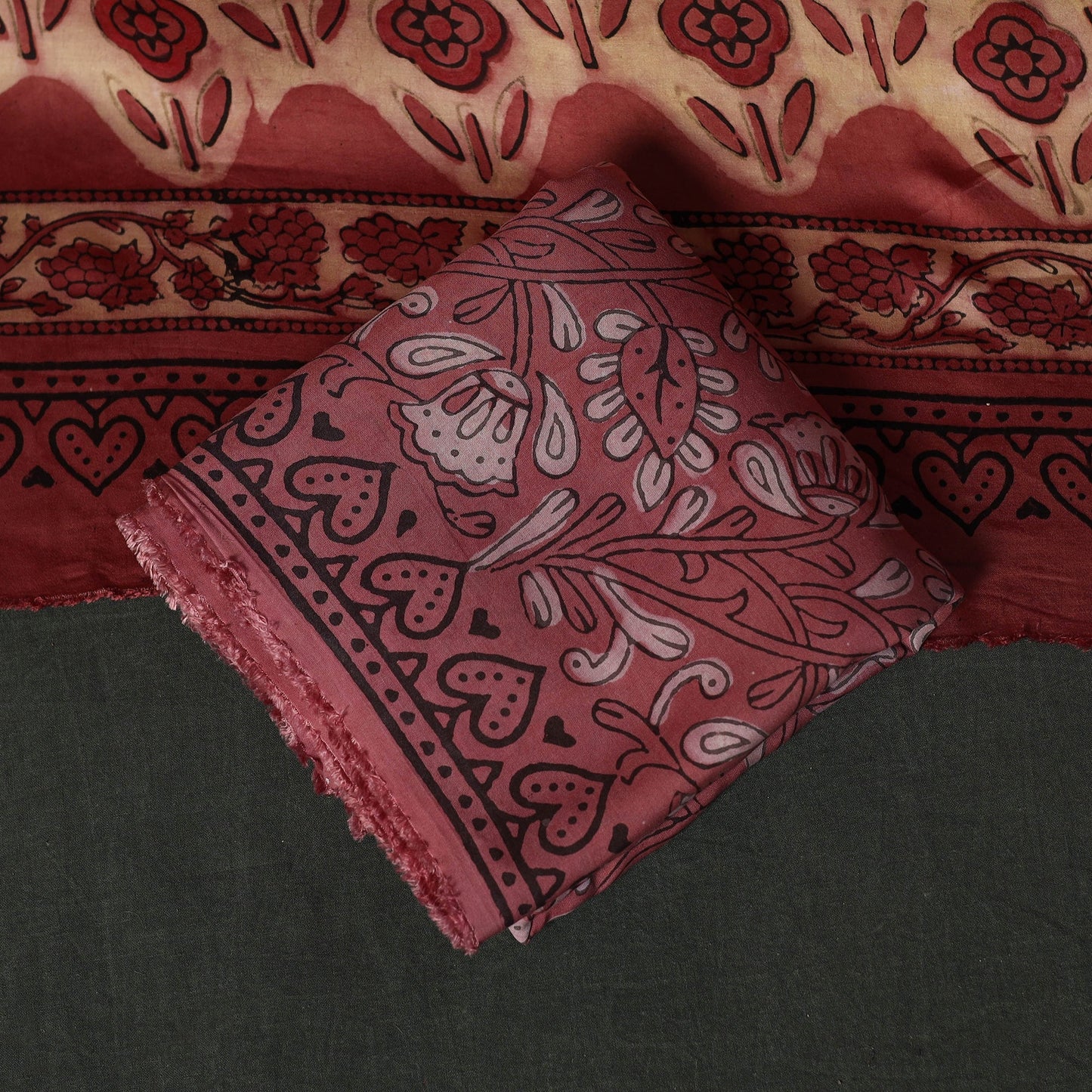 Modal silk hand block bagru print 3pc unstitched dress