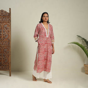 Mosaic Fusion Cotton Pink Straight Lace Work Sanganeri Kurta for Women