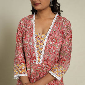 Mosaic Fusion Cotton Pink Straight Lace Work Sanganeri Kurta for Women