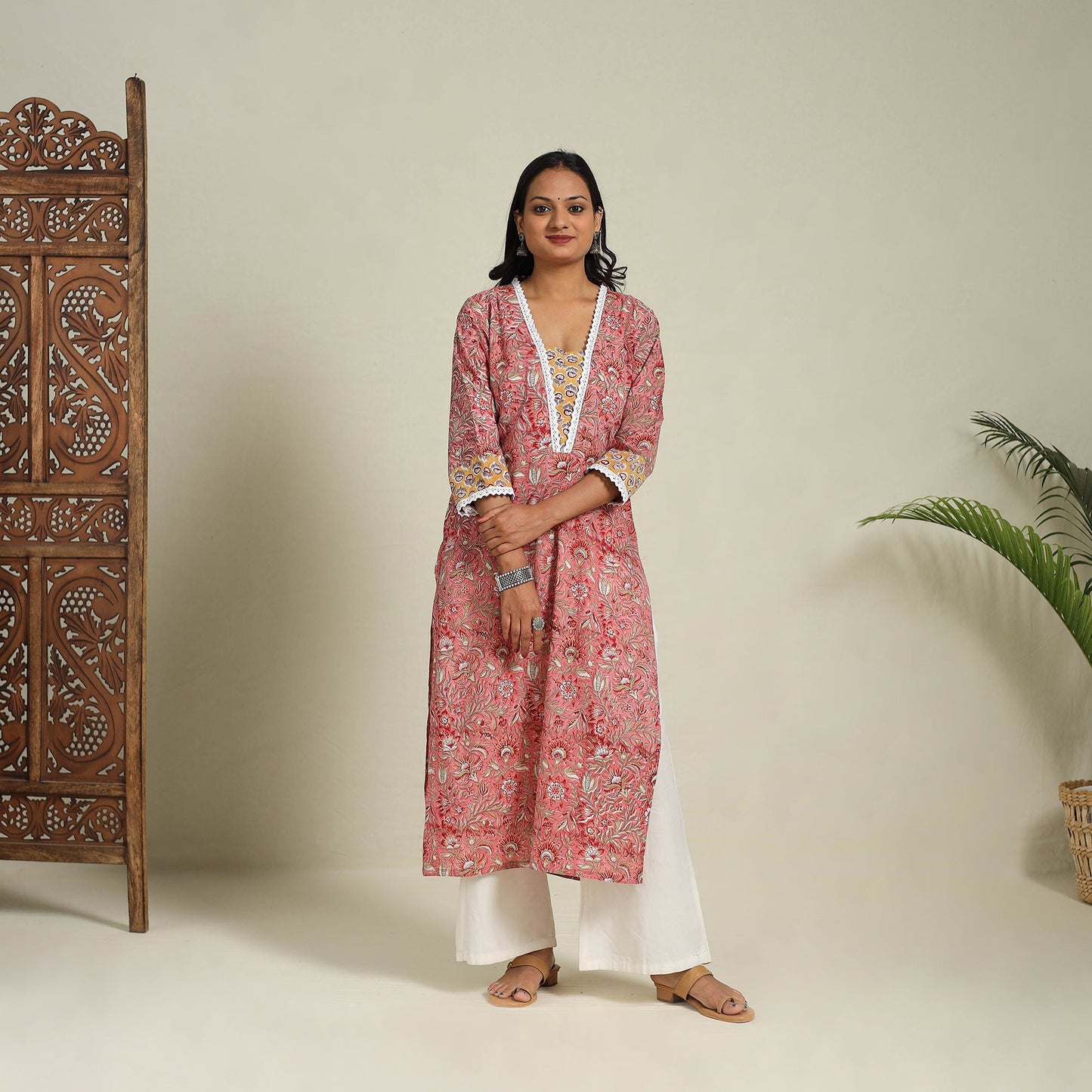 Mosaic Fusion Cotton Pink Straight Lace Work Sanganeri Kurta for Women