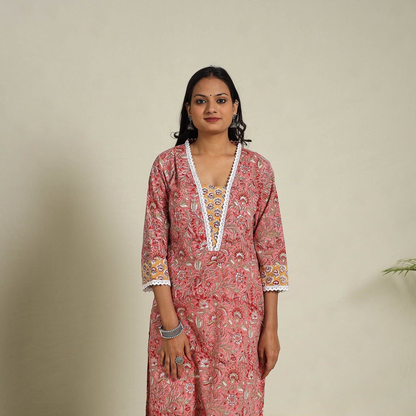 Mosaic Fusion Cotton Pink Straight Lace Work Sanganeri Kurta for Women