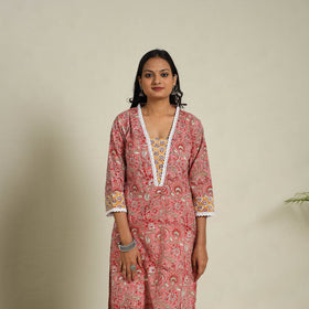 Mosaic Fusion Cotton Pink Straight Lace Work Sanganeri Kurta for Women