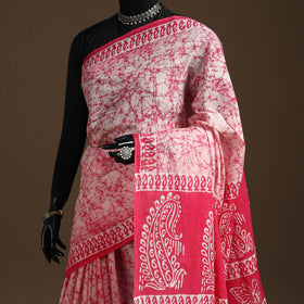 Pink - mul cotton hand batik saree 20 - handcrafted