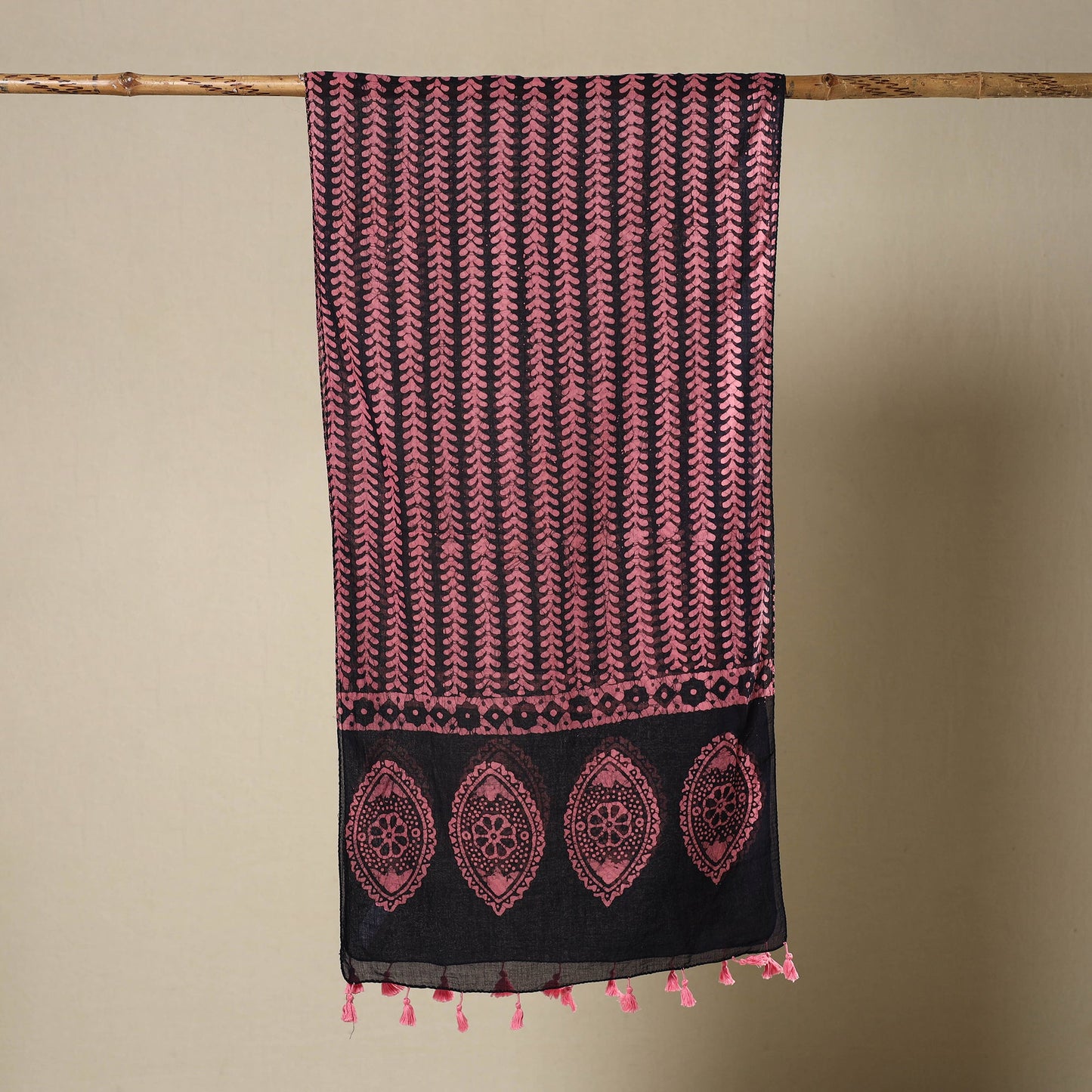  Pink Mul Cotton Hand Batik Print Stole with Tassels