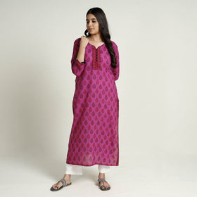 Buy Block Print Mul Cotton Straight Bagh Kurta For Women