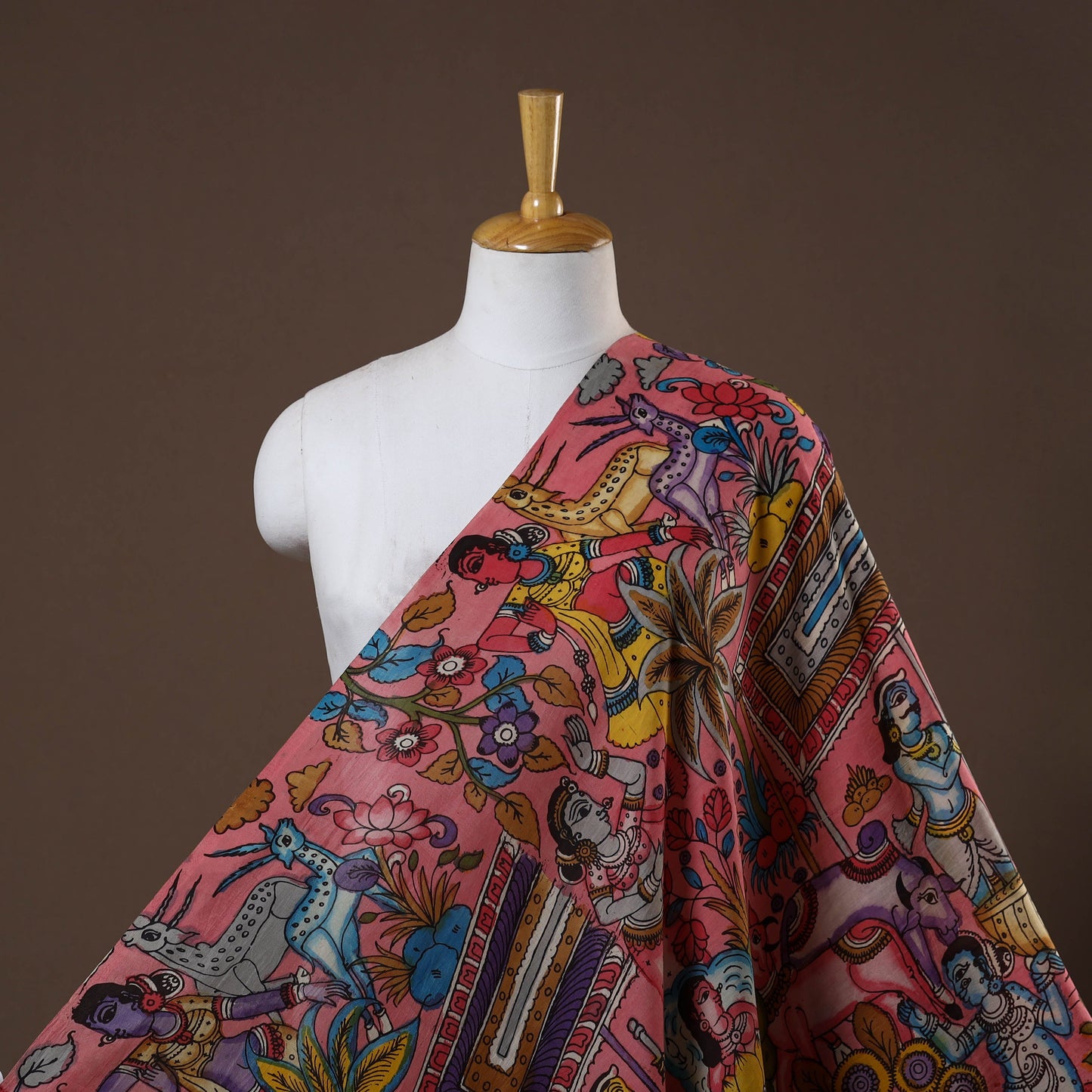 Pink - natural dyed chanderi silk handpainted srikalahasti