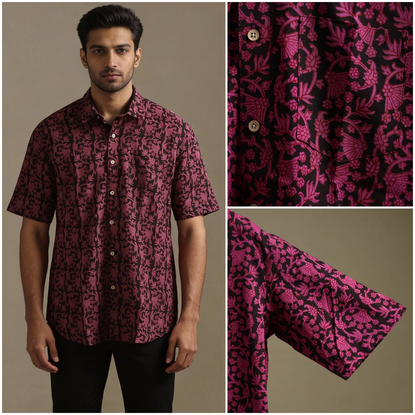 Natural dyed cotton men half sleeve hand bagh shirt 05