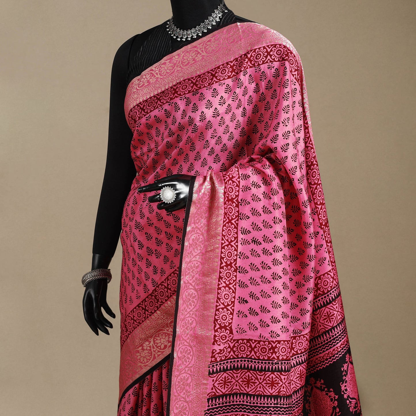 Pink - natural dyed dola silk bagh saree with zari border