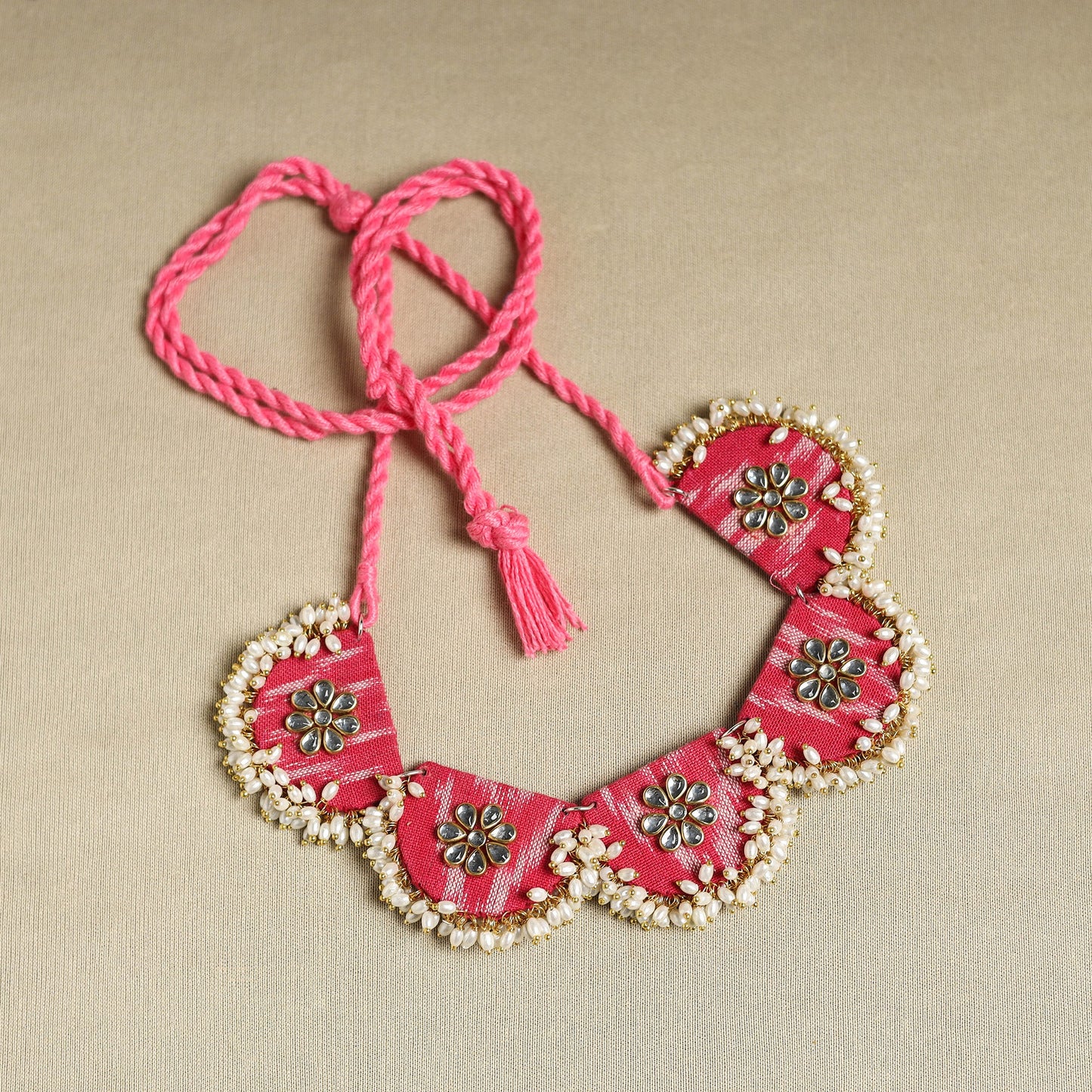  Pink Fabart Pearl & Stone Work Necklace Set