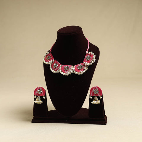  Pink Fabart Pearl & Stone Work Necklace Set