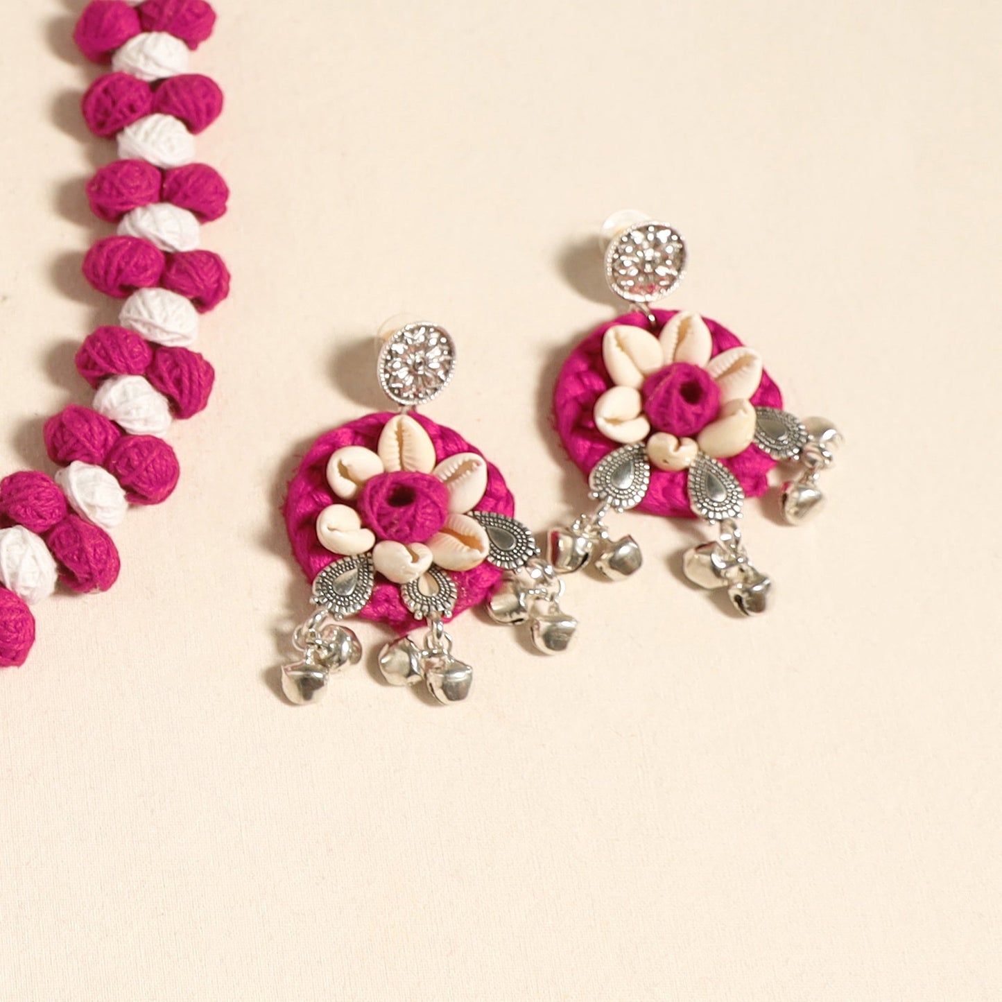 Navratri Special! Pink German Silver Shell & Thread Beads Necklace Set