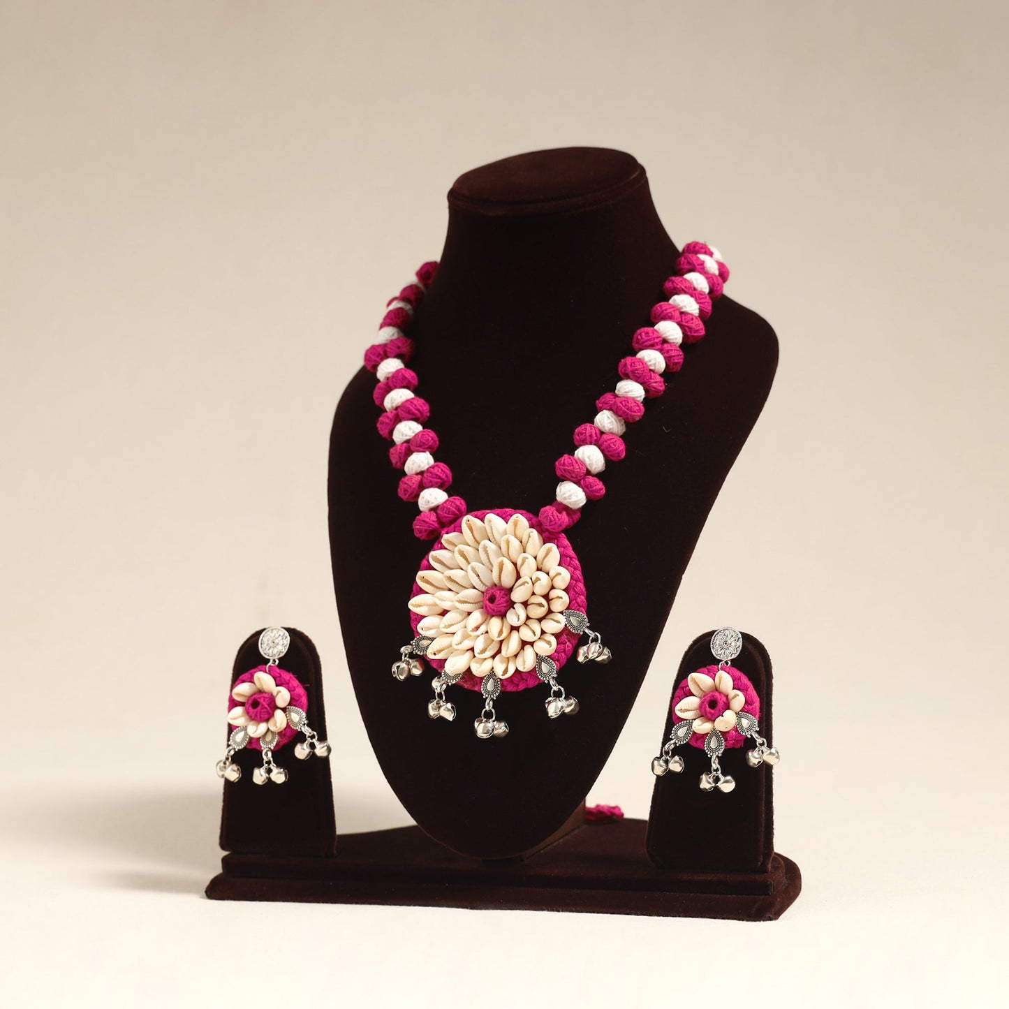 Navratri Special! Pink German Silver Shell & Thread Beads Necklace Set