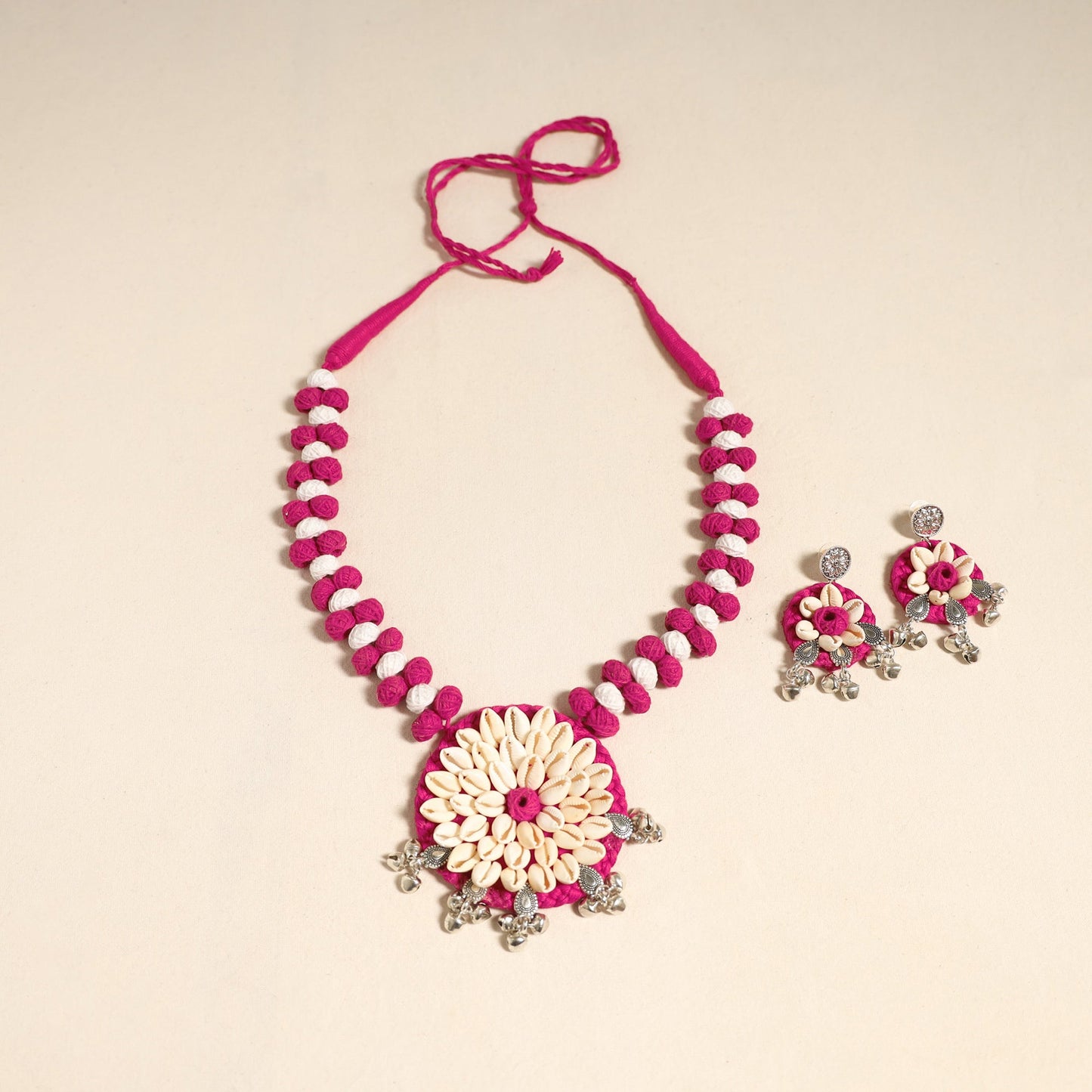 Navratri Special! Pink German Silver Shell & Thread Beads Necklace Set