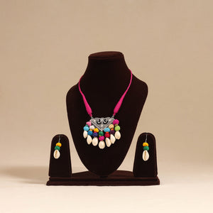 Pink - navratri special! German silver shell & thread beads