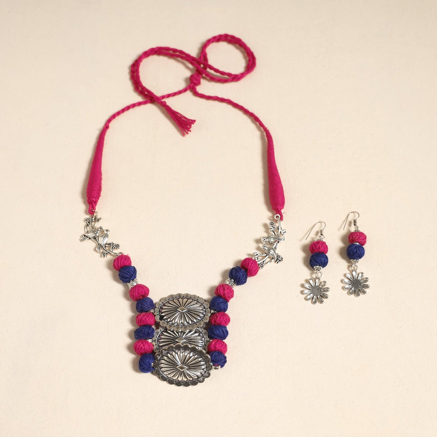 Navratri Special! Pink German Silver Thread Beads Necklace Set