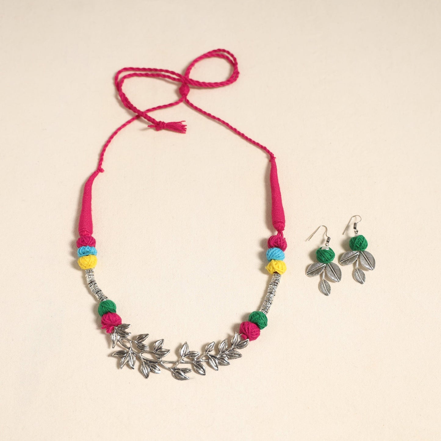 Navratri Special! Pink German Silver Thread Beads Necklace Set