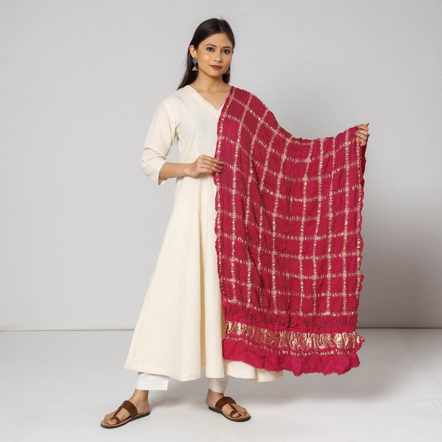 Buy Kutch Bandhani Tie-Dye Zari Checks Modal Silk Dupatta l iTokri.com